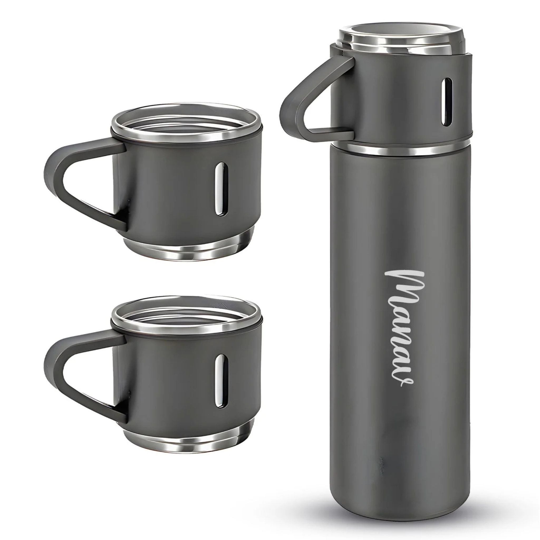 Personalized Stainless Steel Water Bottle Vacuum Flask Set with 3 Steel Cups Combo